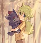  1boy aged_down ahoge aqua_eyes brown_shorts from_side green_hair hair_between_eyes holding holding_pokemon long_hair male_focus n_(pokemon) outdoors parted_lips pokemon pokemon_(creature) pokemon_(game) pokemon_bw ponytail shirt short_sleeves shorts t-shirt un_tapoi zorua 