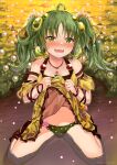  1girl ahoge bare_shoulders blush breasts dress duel_monster flower green_eyes green_hair hair_flower hair_ornament highres jewelry lifted_by_self long_hair looking_at_viewer navel open_mouth sitting smile solo traptrix_sera twintails yagiryu yellow_dress yu-gi-oh! 