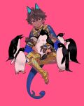  1boy animal animal_ears arjuna_(fate) arjuna_alter_(fate) barefoot bird blue_cape blush brown_eyes brown_hair cape dark-skinned_male dark_skin fate/grand_order fate_(series) highres holding holding_animal holding_bird indian_clothes male_focus oneroom-disco open_mouth penguin pink_background short_hair simple_background sitting tail toenails 