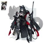  1girl absurdres animal_ears black_gloves black_hair boots breasts dog_ears dog_tail fur_trim gloves grey_eyes grey_hair gun highres holding holding_gun holding_weapon husky looking_at_viewer medium_breasts multicolored_hair original personification photo_inset reference_inset rifle shiba_(s_hi_ba_) short_hair solo tail two-tone_hair weapon 