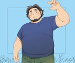  1boy bara beard belly big_belly birch_(pokemon) blush brown_hair bulge covered_navel cowboy_shot facial_hair fat fat_man green_pants highres male_focus mature_male navel nervous_sweating odmk_(jinnta4014) pants pokemon pokemon_(game) pokemon_rse short_hair shy solo stubble sweat thick_eyebrows waving 