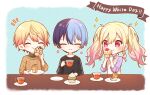  1girl 2boys aoyagi_touya blonde_hair blue_hair blush closed_eyes closed_mouth commentary cup cupcake dark_blue_hair english_text facing_viewer food gradient_hair highres holding holding_cup holding_food holding_plate long_hair long_sleeves mole mole_under_eye multicolored_hair multiple_boys never_give_up_cooking!_(project_sekai) official_alternate_costume orange_hair pink_eyes pink_hair plate project_sekai purple_shirt shirt short_hair sleeves_past_elbows split-color_hair star_(symbol) sweater sweater_vest symbol-only_commentary table tea teneko02 tenma_saki tenma_tsukasa turtleneck twintails two-tone_hair upper_body white_day 