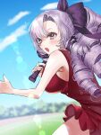  1girl armpits black_bow black_ribbon blurry blurry_background bow breasts cloud dress drill_hair hair_bow hair_ribbon highres holding_tennis_racket hyakumantenbara_salome long_hair nidoneane nijisanji open_mouth purple_eyes purple_hair red_dress ribbon short_dress sky solo sweat symbol_in_eye tennis virtual_youtuber 