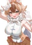  1girl animal_ear_fluff animal_ears arms_up blush bra_visible_through_clothes breasts button_gap claw_pose commentary_request dhole_(kemono_friends) dog_ears dog_girl dog_tail fur_collar gloves highres kemono_friends large_breasts light_brown_hair looking_at_viewer miyuma multicolored_hair open_mouth pleated_skirt shirt skirt sleeveless sleeveless_shirt smile solo tail two-tone_hair two-tone_shirt white_background white_gloves 
