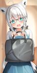  1girl :d absurdres ahoge animal_ear_fluff animal_ears apron aqua_eyes bag blue_apron blush braid commentary_request fox_ears fox_girl grey_hair highres holding holding_bag hololive long_hair long_sleeves looking_at_viewer official_alternate_costume open_mouth pov_doorway rappi shirakami_fubuki shiranui_flare_(3rd_costume) shirt side_braid smile solo virtual_youtuber white_shirt 