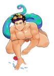  1boy absurdres afloat anaconda_boy arknights bara bulge character_request check_copyright commentary_request completely_nude copyright_request english_text flaccid full_body goggles goggles_on_head highres long_sideburns looking_at_viewer male_focus modachai_(weibo5622674859) multicolored_hair muscular muscular_male nipples nude pectoral_squeeze pectorals penis pink_pupils purple_hair short_hair sideburns sideburns_stubble snake_tail solo streaked_hair tail thick_thighs thighs transparent wet 