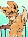  anthro balls blue_background brown_body brown_fur brown_hair butt eevee fur furniture generation_1_pokemon genitals green_eyes hair hi_res lewdchuu_(artist) male nintendo pokemon pokemon_(species) simple_background solo table tail tongue tongue_out 