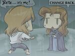  1boy 1girl :&lt; barefoot beast_(disney) beauty_and_the_beast belle_(disney) blonde_hair brown_hair chibi cloak english_text holding holding_knife john_su knife long_hair rain shirt sweatdrop t_t torn_clothes torn_shirt 