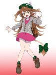  ahoge boots bow brown_footwear brown_hair commentary_request cosplay dress fang full_body gloria_(pokemon) gloria_(pokemon)_(cosplay) gradient_background green_headwear green_socks grey_jacket hand_up hat holding holding_poke_ball hood hooded_jacket jacket kome_(okomesankun) lion_tail long_hair long_sleeves open_mouth orange_eyes pink_dress poke_ball pokemon pokemon_(game) pokemon_swsh re:act shishigami_leona smile socks tail tail_bow tail_ornament two_side_up virtual_youtuber 