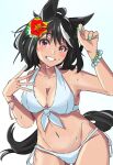  1girl animal_ears aqua_nails bare_shoulders bikini black_hair breasts collarbone cowboy_shot ekazawa_sdvx flower front-tie_top grin hair_flower hair_ornament horse_ears horse_girl horse_tail jewelry kitasan_black_(umamusume) large_breasts looking_at_viewer multicolored_hair red_eyes shirt simple_background smile solo stomach swimsuit tail teeth two-tone_hair umamusume white_background white_bikini white_shirt 