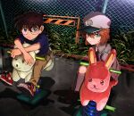  1boy 1girl alternate_costume blue_shirt brown_hair brown_pants chain-link_fence child closed_mouth edogawa_conan fence glasses grass green_eyes grey_headwear haibara_ai hair_between_eyes highres jacket kneehighs looking_at_viewer meitantei_conan open_clothes open_jacket pants red_footwear segami shirt shoes short_hair short_sleeves sitting socks 