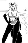  2022 anthro black_and_white breasts cleavage clothed clothing ear_piercing ear_ring female fur hair hi_res kelly_o&#039;dor mammal mephitid monochrome navel outside piercing ring_piercing skunk solo striped_skunk swimwear tail teeth tegerio whiskers zandar&#039;s_saga 