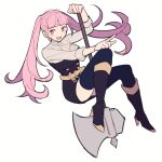  1girl artist_name axe black_footwear boots do_m_kaeru fire_emblem fire_emblem:_three_houses garreg_mach_monastery_uniform high_heel_boots high_heels hilda_valentine_goneril holding holding_axe long_hair looking_at_viewer lower_teeth_only open_mouth pink_eyes pink_hair pointing smile solo teeth thighhighs twintails 