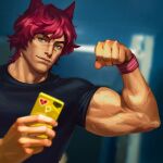  1boy absurdres animal_ears biceps black_shirt blue_eyes closed_mouth flexing heartsteel_(league_of_legends) heartsteel_sett highres holding holding_phone league_of_legends looking_at_viewer male_focus official_art phone red_hair scar scar_on_face scar_on_nose sett_(league_of_legends) shirt short_hair solo wristband 