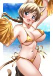  1girl :d animal_ears arm_up bikini black_eyes blue_sky braid braided_ponytail breasts brown_hair cat_ears cat_girl cat_tail cloud commentary_request day gold_bikini highres holding holding_pom_poms large_breasts long_hair looking_at_viewer lynette_bishop momendoufu navel ocean open_mouth outdoors pom_pom_(cheerleading) side-tie_bikini_bottom sky smile solo strike_witches sweat swimsuit tail world_witches_series 