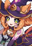  1girl :d animal animal_ears bare_shoulders bewitching_neeko black_dress blonde_hair cat_ears cat_tail colored_sclera dokumi dress ears_through_headwear fang frog green_eyes hat league_of_legends long_hair neeko_(league_of_legends) open_mouth purple_sclera smile solo tail white_background witch_hat 