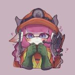  1girl blush closed_mouth cross-shaped_pupils earrings frown gloves green_gloves hard_hat harinezumisan12 helmet high-visibility_vest inkling inkling_girl jewelry jumpsuit looking_at_viewer pointy_ears purple_eyes red_headwear rubber_gloves salmon_run_(splatoon) simple_background solo splatoon_(series) straight-on symbol-shaped_pupils upper_body 