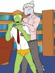  2018 amphibian anthro ball_gag ballgagged belt book bookshelf bottomwear briefs bulge clothed clothing desk duo fish forced frog furniture fuze gag hi_res male male/male marine necktie pants shark shirt size_difference table teenager topwear underwear yellow_briefs yellow_clothing yellow_underwear young 