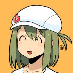  1girl :d ^_^ bangs cabbie_hat closed_eyes collarbone eyes_visible_through_hair green_hair hair_between_eyes hat muu_(mumumer) orange_background original ponytail portrait simple_background smile solo white_headwear yunomiya_agari 