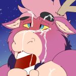  anthro antlers blush bodily_fluids candy candy_cane cum cum_on_face deer dessert food genital_fluids hair hi_res horn male mammal new_world_deer overweight overweight_male pink_body pink_hair pondart_studios reindeer solo vic_(victorystarz) 