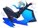  1boy antenna_hair belt black_belt black_cape black_footwear black_pants black_shirt blue_hair boots cape crown funamusea gloves green_eyes hair_over_one_eye light_blue_hair liliya_(funamusea) long_sleeves male_focus mini_crown one_eye_covered pants shirt short_hair solo star_(symbol) starry_sky_print white_background white_gloves zenryoku_eimin 