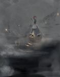  1girl boat dark dress fog highres holding holding_oar lantern night oar onozuka_komachi sanzu_river shinkopeishon ship solo touhou water watercraft 