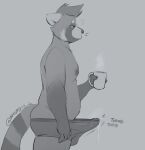  2021 ailurid anthro bodily_fluids bulge chubby_male clothed clothing container cup detailed_bulge erection erection_under_clothing genital_fluids genitals hi_res holding_container holding_cup holding_object humanoid_genitalia humanoid_penis looking_away male mammal minedoo minedoo_(character) monochrome morning_wood penis precum precum_through_clothing red_panda slightly_chubby solo throbbing_penis tired underwear underwear_only wet wet_clothing 