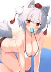  1girl all_fours animal_ears bikini bluekalmia breasts food food_in_mouth grey_hair hanging_breasts hat inubashiri_momiji looking_at_viewer medium_breasts pom_pom_(clothes) popsicle popsicle_in_mouth red_eyes short_hair solo swimsuit tail tokin_hat touhou wolf_ears wolf_girl wolf_tail 