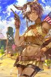 1girl absurdres american_flag belt blue_sky breasts brown_belt brown_eyes brown_gloves brown_hair cactus cloud cloudy_sky commission cropped_shirt gloves gun handgun highres hoja_(hoja1214) holding holding_gun holding_weapon holster indie_virtual_youtuber looking_at_viewer medium_breasts medium_hair multicolored_hair navel outdoors pleated_skirt revolver second-party_source shorts shorts_under_skirt silo skeb_commission skirt sky sleeveless smile solo teeth tomoe_umari virtual_youtuber weapon white_hair yellow_skirt 