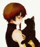  1girl animal asymmetrical_hair bare_shoulders black_cat black_eyes black_sweater brown_hair cat expressionless highres holding holding_animal holding_cat iwakura_lain looking_at_another profile ranm12s serial_experiments_lain short_hair simple_background single_sidelock sleeveless sleeveless_sweater sleeveless_turtleneck solo sweater turtleneck turtleneck_sweater upper_body white_background 