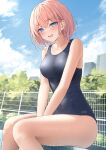  1girl :d bare_arms bare_shoulders blue_eyes blue_one-piece_swimsuit blue_sky blush breasts collarbone commentary_request crossed_bangs fang highres large_breasts looking_at_viewer monaka_curl one-piece_swimsuit open_mouth original outdoors pink_hair short_hair sitting skin_fang sky smile solo swimsuit thighs wet 