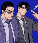  2boys black_eyes black_hair blazer blue_background character_request cigarette collared_shirt commentary_request endou_yuuji facial_hair frown goatee grey_jacket grey_shirt holding holding_cigarette inudori jacket kaiji looking_afar male_focus medium_bangs multiple_boys necktie open_clothes open_jacket open_mouth pinstripe_pattern pinstripe_suit purple_jacket purple_necktie shirt short_bangs short_hair simple_background smoke smoking striped striped_jacket suit sunglasses v-shaped_eyebrows vertical-striped_jacket vertical_stripes very_short_hair 