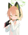 1girl animal_ear_headphones animal_ears blonde_hair blue_archive blush bow breasts cat_ear_headphones closed_mouth doribae fake_animal_ears green_bow green_eyes hair_bow halo handheld_game_console headphones highres holding holding_handheld_game_console long_sleeves looking_at_viewer midori_(blue_archive) off_shoulder open_clothes open_shirt shirt short_hair simple_background small_breasts solo upper_body white_background white_shirt 