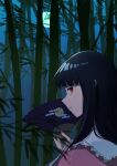  1girl absurdres bamboo bamboo_forest black_hair blunt_bangs forest full_moon hand_fan highres holding holding_fan houraisan_kaguya long_hair looking_at_viewer moon nature night open_mouth red_eyes smile touhou urizaku3 wide_sleeves 