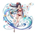  1girl bikini black_hair blush breasts cape cleavage eel fire_emblem fire_emblem_awakening full_body long_hair looking_at_viewer medium_breasts navel non-web_source official_art simple_background smile solo swimsuit tharja_(fire_emblem) tiara two_side_up water white_background 