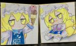  1girl blonde_hair blue_tabard blush closed_mouth colored_pencil_(medium) dress food fox_tail frilled_dress frilled_headwear frills fumo_(doll) hand_up hands_in_opposite_sleeves hat highres holding holding_food holding_ice_cream holding_ice_cream_cone ice_cream ice_cream_cone jitome long_sleeves looking_at_viewer mob_cap multiple_tails multiple_views shikishi simple_background sitting socks sparkle tabard tail touhou traditional_media upper_body white_background white_dress white_headwear white_socks yakumo_ran yakumora_n yellow_eyes 