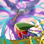  armor battle green_headwear highres holding holding_sword holding_weapon kirby kirby_(series) magic mask meta_knight morikawa666 no_humans shoulder_armor sparkle sword weapon yellow_eyes 