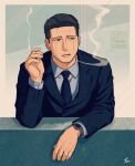  1boy black_hair buttoned_cuffs cheekbones collared_shirt elbow_rest formal goatee_stubble golden_kamuy highres kikuta_mokutaro looking_to_the_side male_focus mature_male mustache_stubble necktie scar scar_on_face scar_on_forehead shirt short_hair sideburns smoking solo suit tonta_(tonta1231) upper_body watch wristwatch 