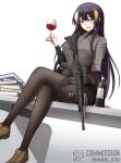  absurdres alina_svard_kovalenko_(laotianaviator) blue_eyes breasts commentary crossed_legs desk drunk english_commentary gun heterochromia highres mikhail_n multicolored_hair original pantyhose red_wine rifle shoes shorts smile swedish_flag weapon 