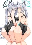  2girls ahoge all_fours animal_ear_fluff animal_ears ass ass_focus back bare_shoulders black_one-piece_swimsuit blue_archive blue_eyes blue_halo blush breast_press breasts broken_halo cameltoe competition_swimsuit cross cross_hair_ornament extra_ears from_behind grey_hair hair_ornament halo highres inverted_cross kneepits kojima_saya long_hair looking_at_viewer looking_back low_ponytail medium_breasts medium_hair mismatched_pupils multicolored_clothes multicolored_swimsuit multiple_girls official_alternate_costume one-piece_swimsuit shiroko_(blue_archive) shiroko_(swimsuit)_(blue_archive) shiroko_(terror)_(blue_archive) simple_background swimsuit take_your_pick two-tone_swimsuit very_long_hair white_background wolf_ears 