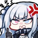  1girl anger_vein angry black_gloves blue_eyes chibi commentary_request girls&#039;_frontline girls&#039;_frontline_neural_cloud gloves hair_bobbles hair_ornament heterochromia kuro_(girls&#039;_frontline_nc) long_hair looking_at_viewer mdr_(girls&#039;_frontline) middle_finger one_side_up open_mouth pink_eyes simple_background solo white_background white_hair yanggaengwang 