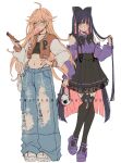  2girls ahoge animal_ear_legwear artist_name bare_shoulders black_bow black_bowtie black_hair black_shirt black_skirt blonde_hair blush bow bowtie casual cat_ear_legwear center_frills collarbone criis-chan crop_top denim earrings frills full_body hair_bow hand_on_own_hip hand_up jeans jewelry lace-trimmed_skirt lace_trim long_hair midriff multicolored_hair multiple_girls nail_polish navel pants panty_&amp;_stocking_with_garterbelt panty_(psg) pink_hair pleated_skirt puffy_pants red_nails shirt shirt_tucked_in shoes siblings simple_background sisters skirt stocking_(psg) stomach striped torn_clothes torn_jeans torn_pants twitter_username white_background 