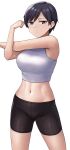  1girl abs asymmetrical_bangs bike_shorts black_hair blue_eyes breasts closed_mouth commentary_request expressionless hashi looking_at_viewer medium_breasts navel original short_hair simple_background solo sports_bra standing stretching tomboy white_sports_bra 