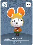  2023 amiibo amiibo_card animal_crossing anthro ashley_graham_(resident_evil) black_eyelashes black_nose blonde_hair blue_eyes boots bottomwear brown_boots brown_clothing brown_footwear brown_scarf capcom card closed_frown clothing english_text eyelashes featureless_hands female footwear frown fur green_bottomwear green_clothing green_skirt hair inner_ear_fluff kittehoddkat leaf logo looking_at_viewer mammal mouse moushley mouth_closed murid murine nintendo orange_clothing orange_inner_ear orange_sweater orange_topwear pupils resident_evil rodent scarf short_hair skirt solo style_parody sweater text topwear tuft white_body white_ears white_fur white_inner_ear_fluff white_pupils 