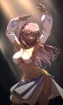  1girl alice_gear_aegis arms_up as4gi breasts choker dancer dancing dark_skin detached_sleeves fatima_betrorum harem_outfit highres jewelry large_breasts long_hair looking_at_viewer mouth_veil navel necklace pink_hair purple_eyes signature solo thighlet veil 