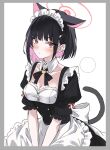  1girl alternate_costume animal_ears black_hair blue_archive breasts cat_ears cat_girl cat_tail cleavage closed_mouth enmaided extra_ears halo kazusa_(blue_archive) looking_at_viewer maid marisasu_(marisa0904) medium_breasts puffy_short_sleeves puffy_sleeves red_halo short_hair short_sleeves solo tail white_background 