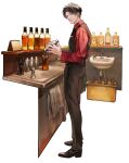  1boy alcohol bartender black_footwear black_hair black_pants black_vest bottle box cloth cocktail_shaker collared_shirt commentary counter drinking_straw earrings from_side full_body grey_eyes highres holding holding_shaker jewelry looking_at_viewer looking_to_the_side male_focus notepad original otani_(gloria) oxfords pants parted_bangs parted_lips red_shirt shirt shoes short_hair simple_background sink solo standing stud_earrings symbol-only_commentary v-shaped_eyebrows vest whiskey white_background 