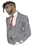  1boy beard black_hair closed_mouth collared_shirt commentary_request earrings facial_hair green_eyes grey_jacket grey_pants grey_vest hand_in_pocket jacket jewelry looking_down male_focus necktie open_clothes open_jacket pants pokemon pokemon_(game) pokemon_swsh red_necktie rose_(pokemon) shirt short_hair simple_background solo suit tie_clip tsuruba_(tsu41014812) twitter_username undercut vest watermark white_background white_shirt 
