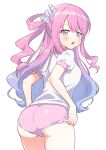  1girl ass blush breasts candy_hair_ornament food-themed_hair_ornament gradient_hair green_eyes hair_ornament heterochromia highres himemori_luna hololive long_hair looking_at_viewer medium_breasts multicolored_hair one_side_up open_mouth pink_hair pink_shorts purple_eyes purple_hair shirt short_shorts shorts sideboob solo teeth torinokawori upper_teeth_only virtual_youtuber wavy_hair white_background white_shirt 