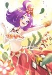  1girl :d acerola_(pokemon) acerola_(sygna_suit)_(pokemon) blue_eyes bracelet commentary_request cropped_shirt day falling_leaves flipped_hair flower hair_flower hair_ornament highres jewelry leaf looking_at_viewer medium_hair midriff navel necklace official_alternate_costume open_mouth outdoors outstretched_arm pokemon pokemon_(game) pokemon_masters_ex purple_hair red_flower red_skirt shirt skirt sleeveless sleeveless_shirt smile solo ssn_(sasa8u9r) topknot 